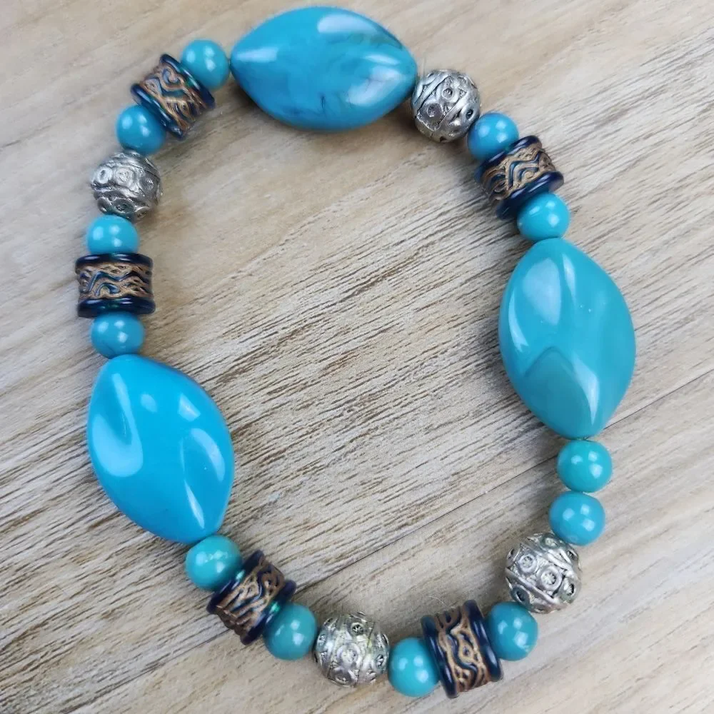🔺️Turquoise Stone & Antique Silver Plated Beads Stretchy Bracelet